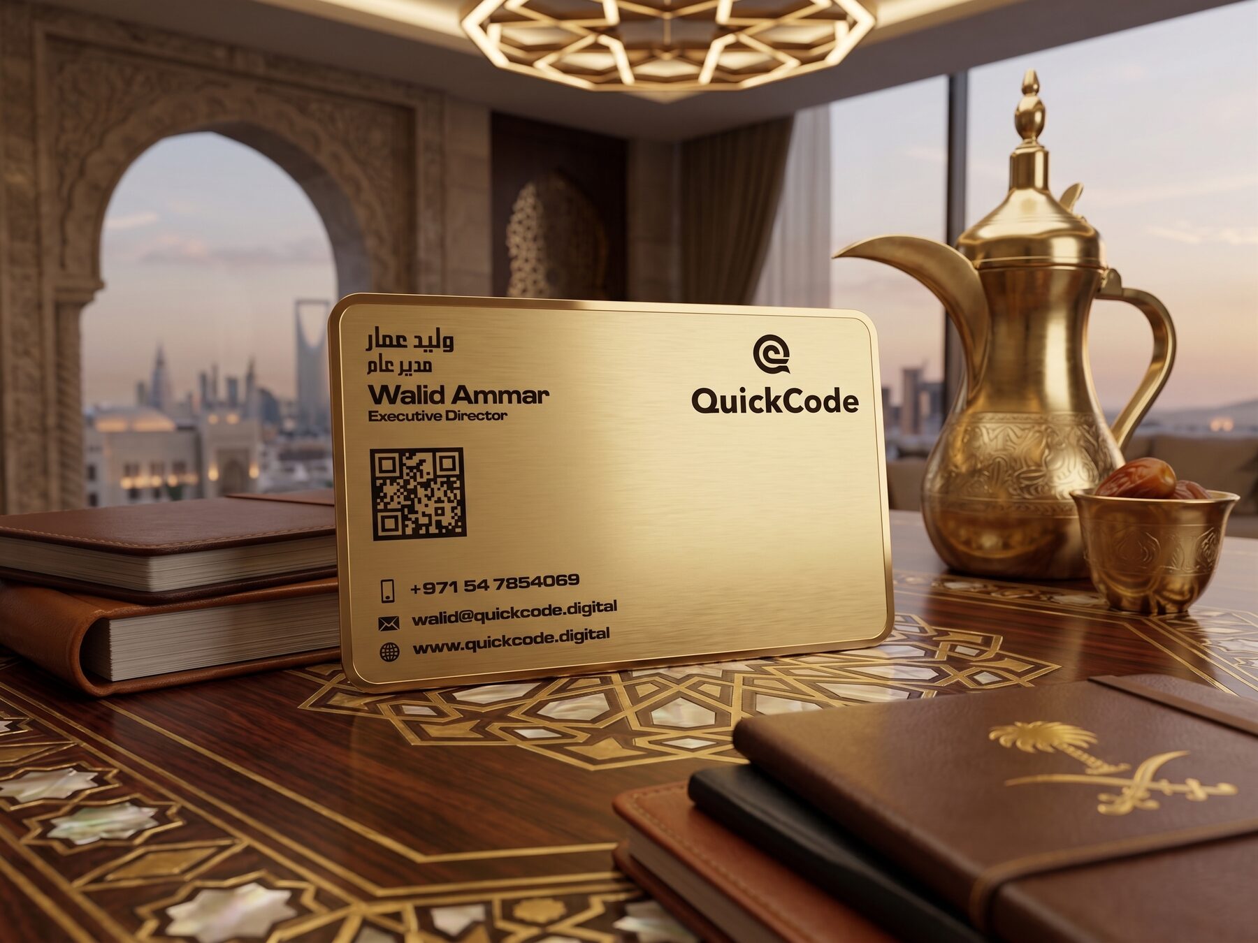 بطاقة VIP مطلية بالذهب في صالة عربية فاخرة مع دلة قهوة وأفق الرياض في الخلفية